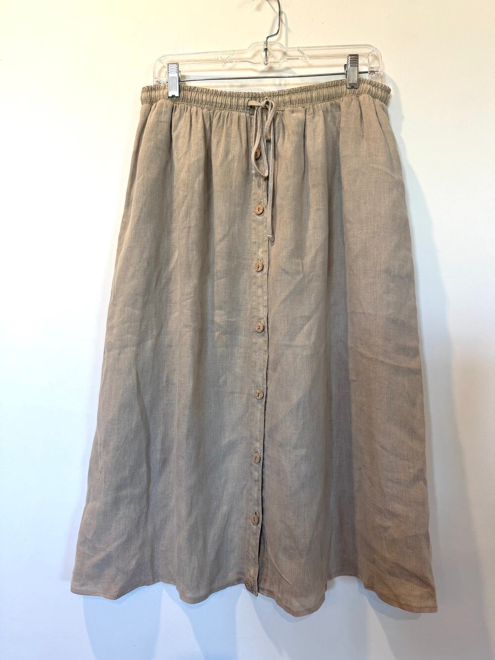 Vtg Carole Little 100% Linen Button Front Flare Midi Skirt 1X Tan Beige
